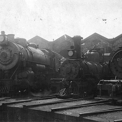 Trains at the Roundhouse Turntable Circa 1890.