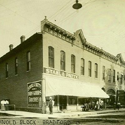 The Iddings Block and the Arnold & Sons Lumber Company at Miami Street and Main Street in Bradford, Ohio. Totally destroyed in 1920 by the Bradford Fire.